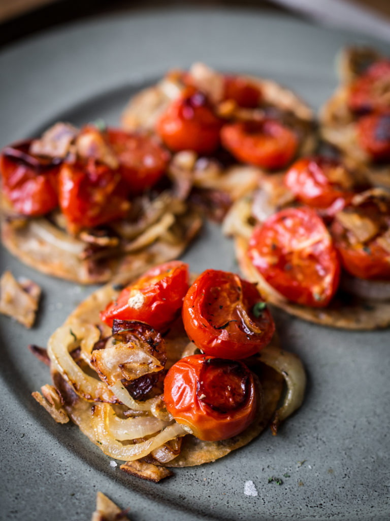 Norwegian Lomper with Carmelized Onions & Roasted Tomatoes