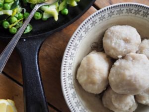 Norwegian Potato Dumplings with Spring Vegetables (Raspeballer)