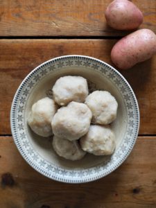 Norwegian Potato Dumplings with Spring Vegetables (Raspeballer)