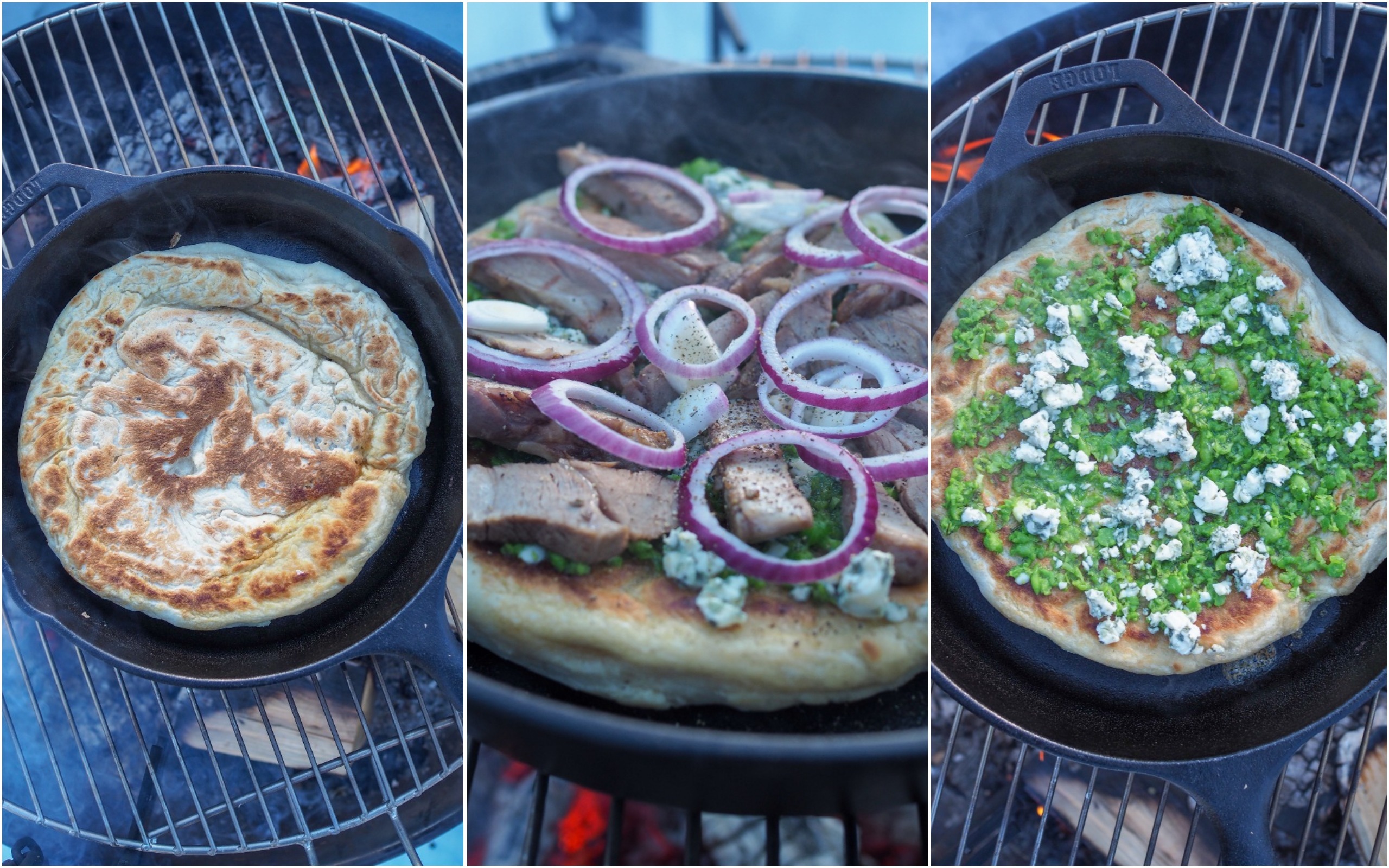 Outdoor Skillet Pizza with Lamb and Pea Pesto