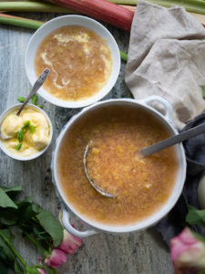 Norwegian Rhubarb Soup and Spruce Tip Ice Cream (rabarbragrøt og granskuddiskrem)