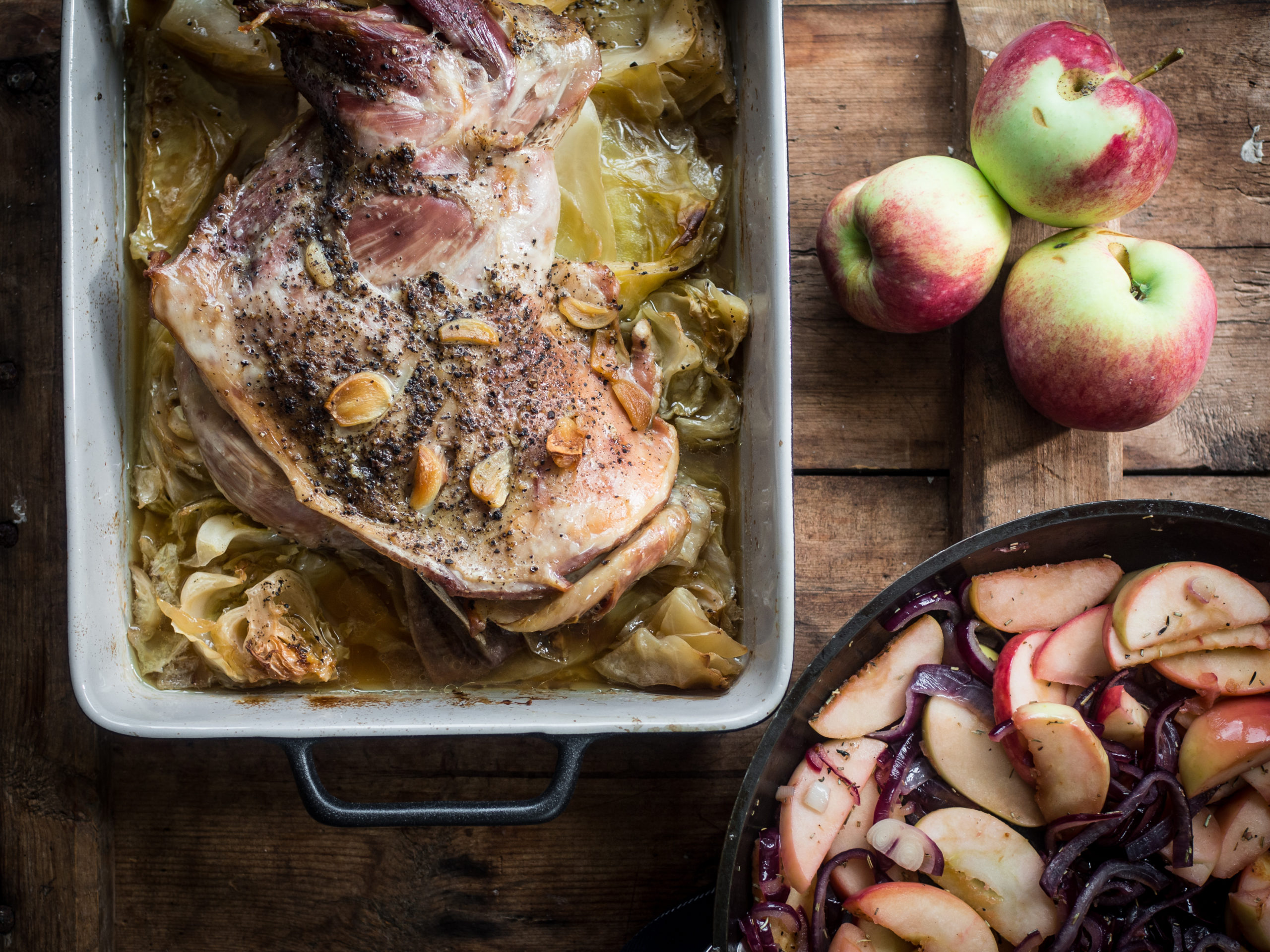 Roasted lamb shoulder and apples