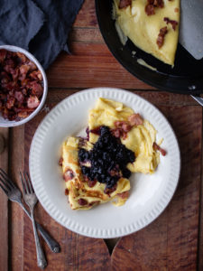 Norwegian Pancakes with Bacon, Sirup and Blueberry Compote (Fleskepannekaker)