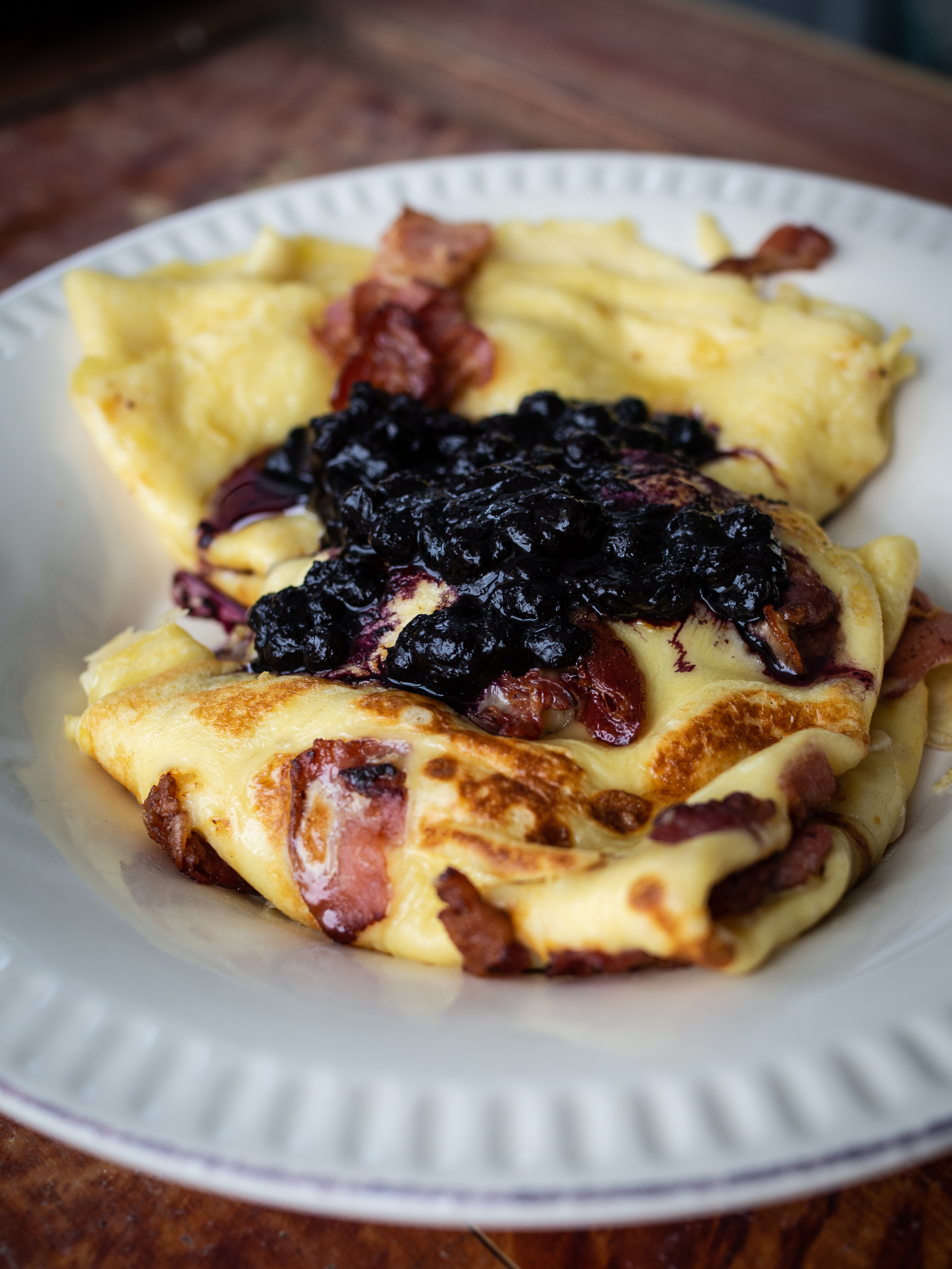 Norwegian Pancakes with Bacon, Sirup and Blueberry Compote (Fleskepannekaker)