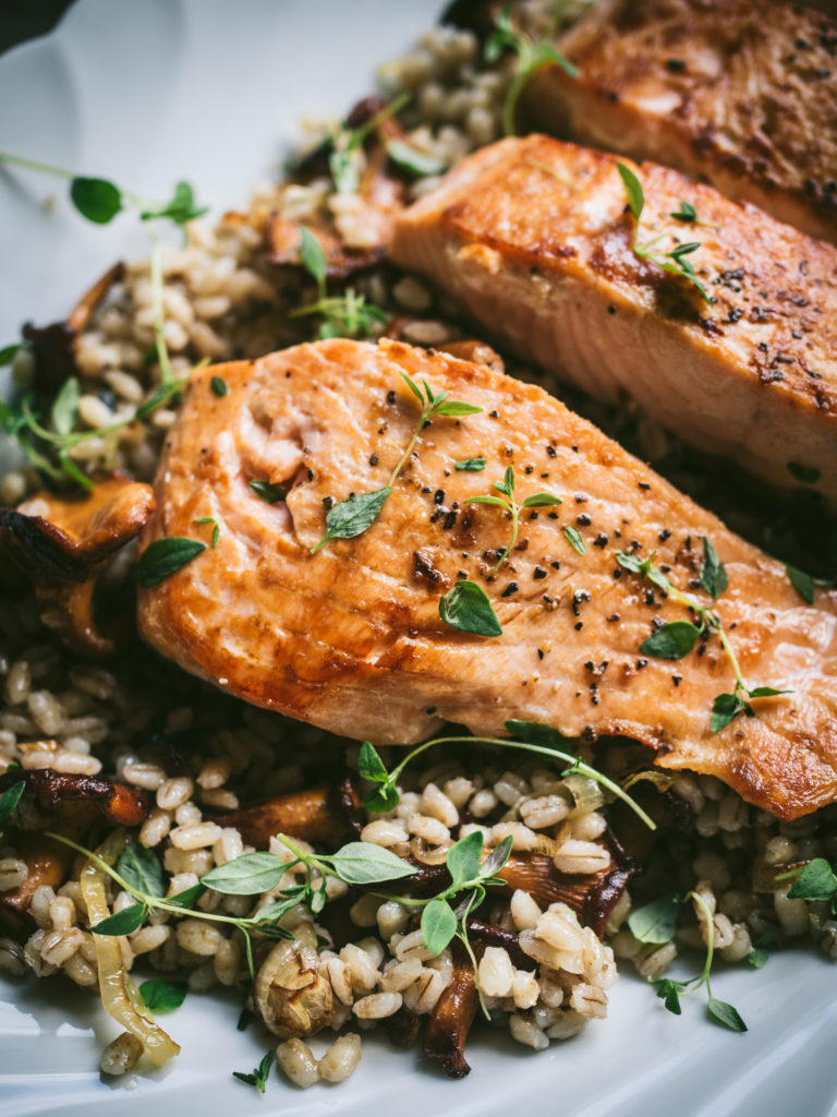 Pan-Seared Salmon with Buttery Chanterelles & Barley