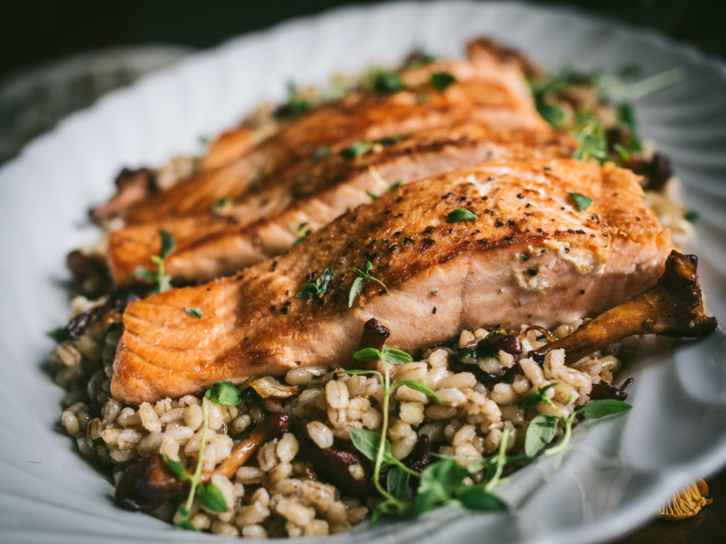 Pan-Seared Salmon with Buttery Chanterelles & Barley