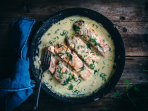 Hard Cider Poached Salmon with a Creamy Dill Sauce