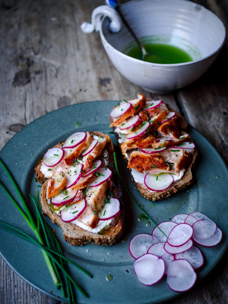 Salmon Open-Faced Sandwiches with Radishes & Chive Oil (smørbrød med laks)