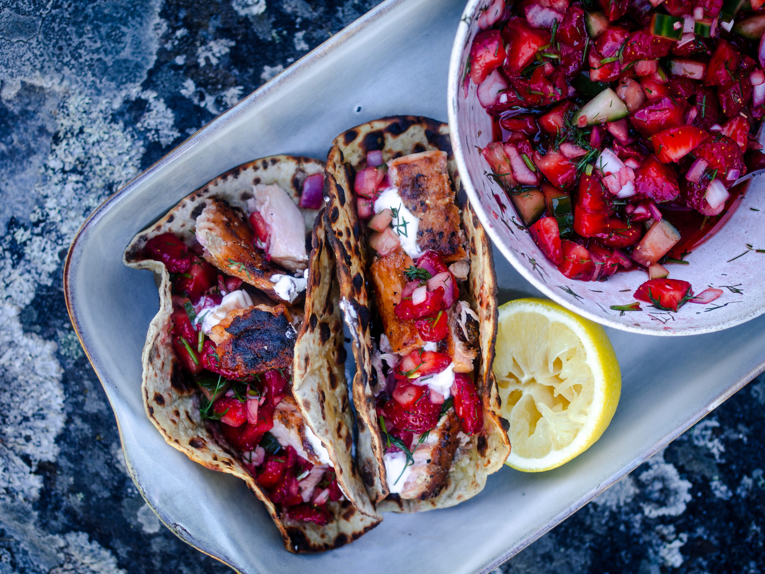 Salmon Tacos with Strawberry Salsa