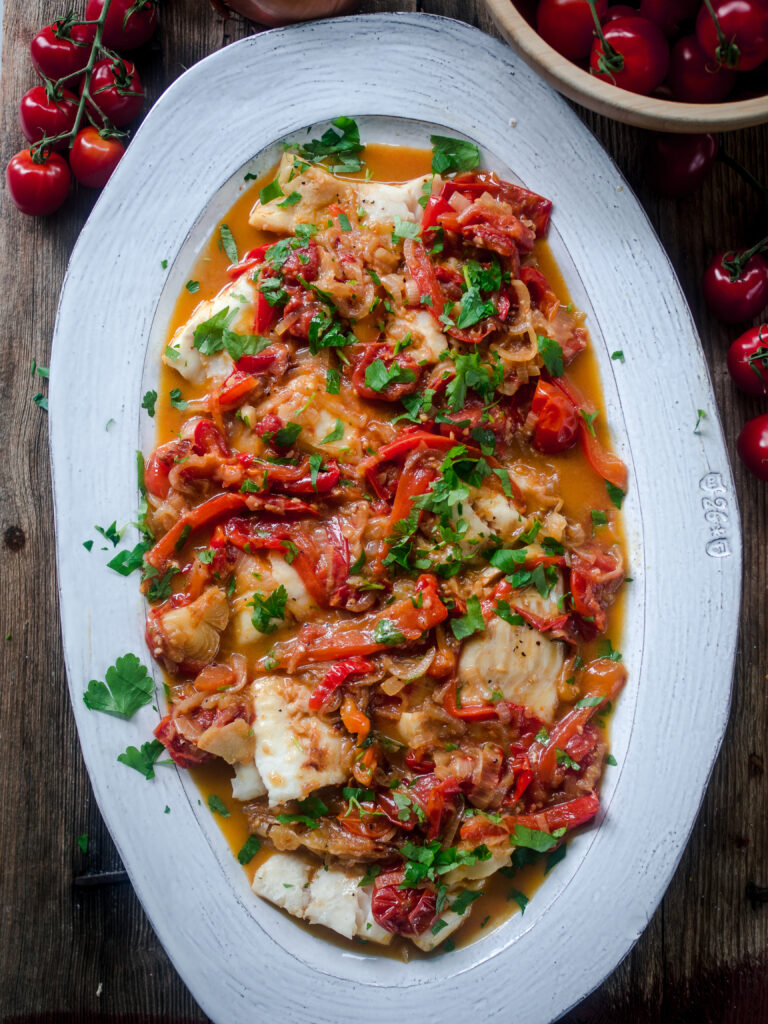 One-Pan Buttery Cod with Tomatoes & Peppers
