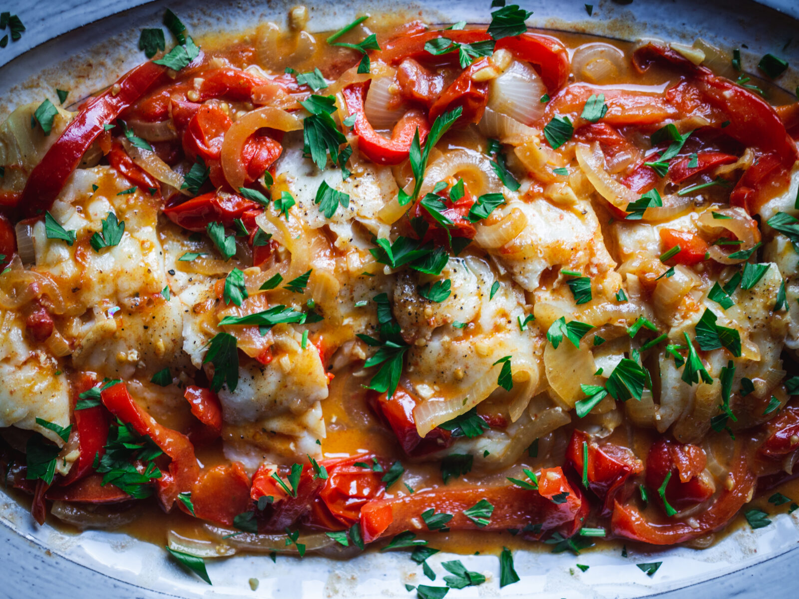 One-Pan Buttery Cod with Tomatoes & Peppers - North Wild Kitchen