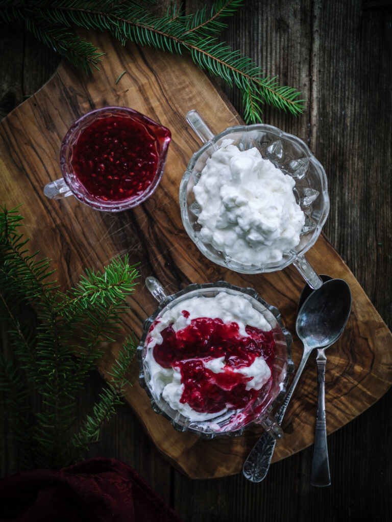 Whipped Norwegian Rice Cream with a Red Berry Sauce (riskrem)