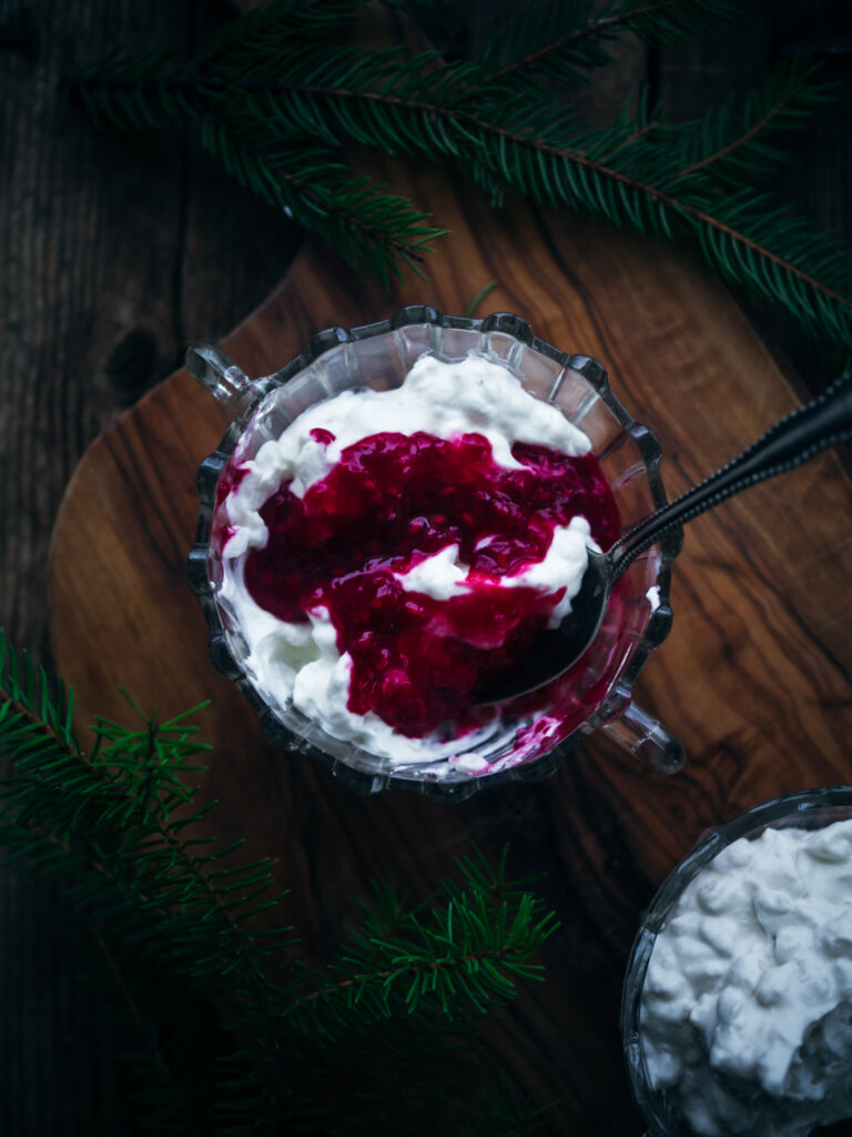 Whipped Norwegian Rice Cream with a Red Berry Sauce (riskrem)