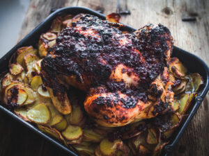 Roast Chicken with a Lingonberry Glaze and Crispy Potatoes