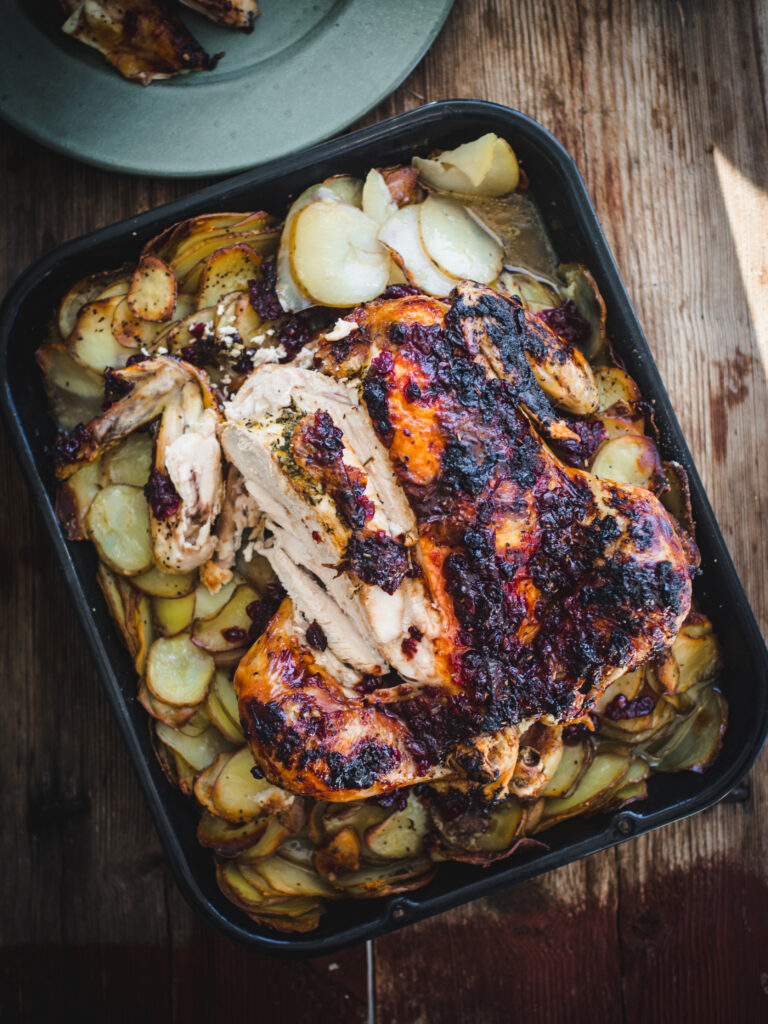 Roast Chicken with a Lingonberry Glaze and Crispy Potatoes 