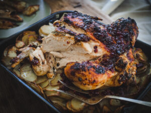 Roast Chicken with a Lingonberry Glaze and Crispy Potatoes