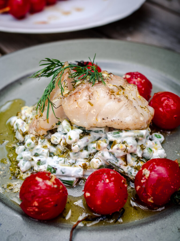 Quick-Cured Grilled Cod and Tomatoes with Herb Butter and Creamy Pea Salad