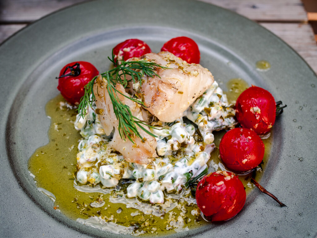 Quick-Cured Grilled Cod and Tomatoes with Herb Butter and Creamy Pea Salad