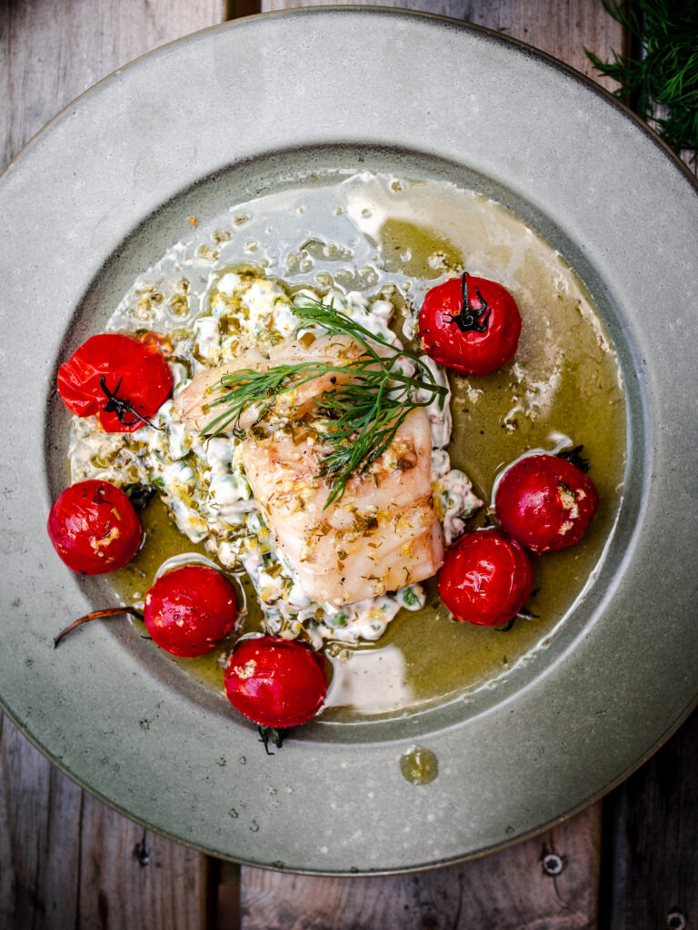 Quick-Cured Grilled Cod and Tomatoes with Herb Butter and Creamy Pea Salad