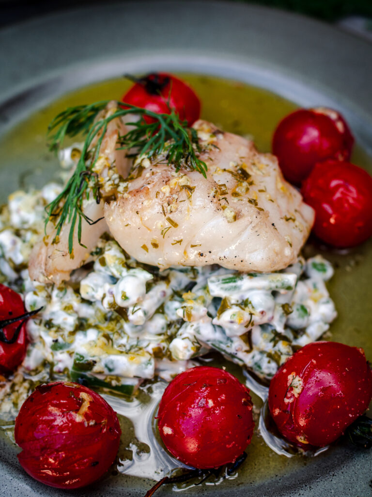 Quick-Cured Grilled Cod and Tomatoes with Herb Butter and Creamy Pea Salad