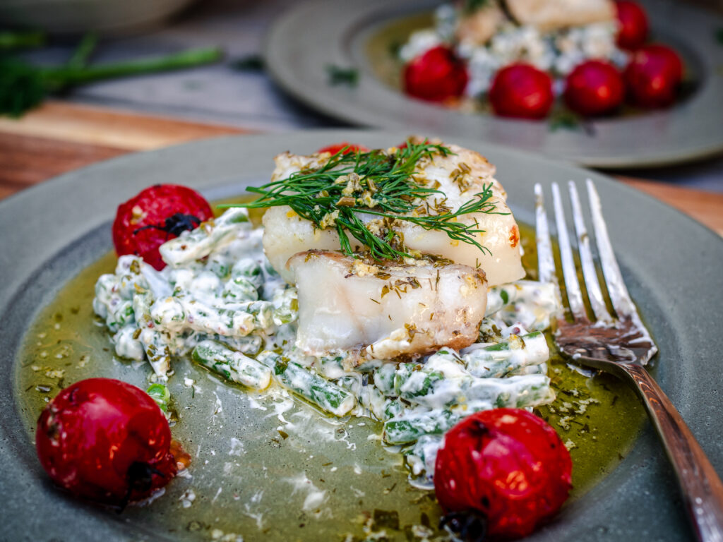 Quick-Cured Grilled Cod and Tomatoes with Herb Butter and Creamy Pea Salad