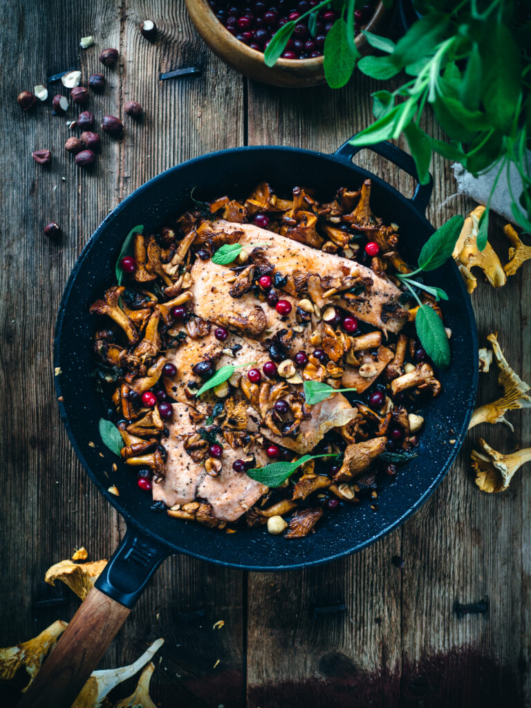 Salmon with Brown Butter Chanterelles and Hazelnuts