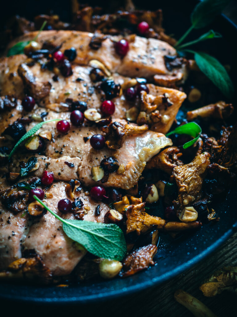 Salmon with Brown Butter Chanterelles and Hazelnuts 