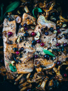 Salmon with Brown Butter Chanterelles and Hazelnuts