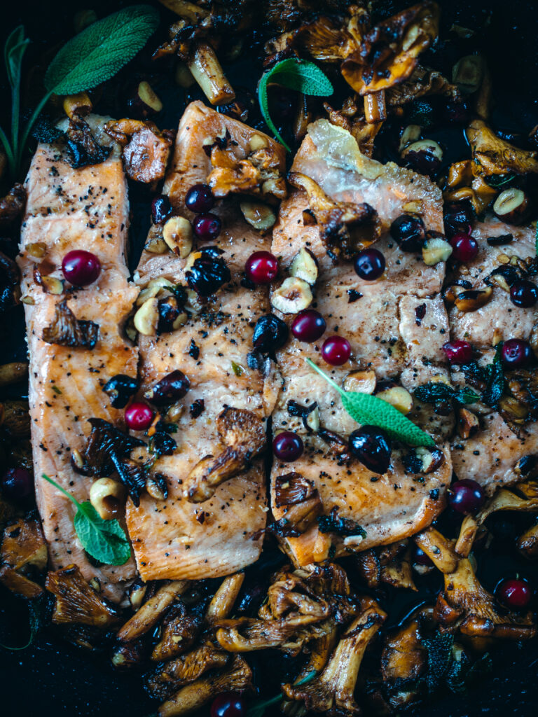 Salmon with Brown Butter Chanterelles and Hazelnuts 