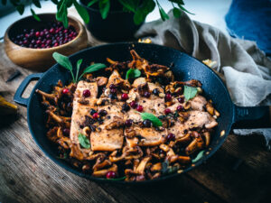 Salmon with Brown Butter Chanterelles and Hazelnuts