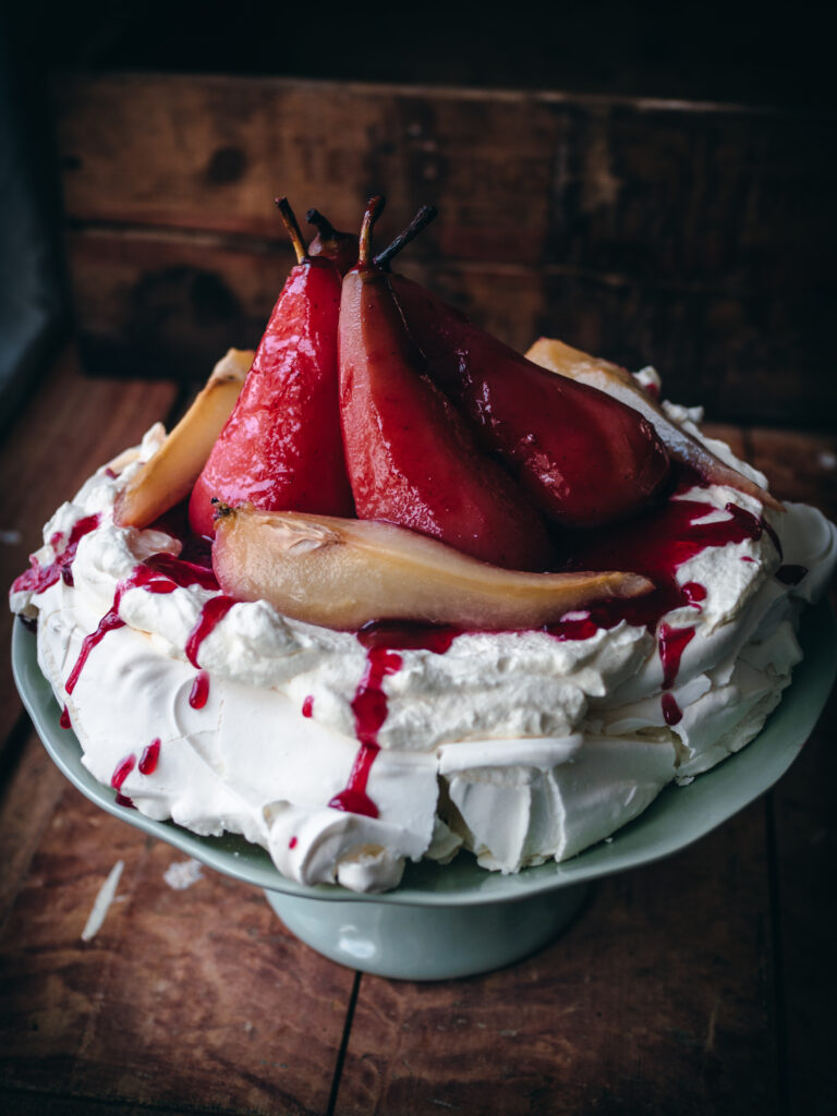 Lingonberry-Poached Pear Pavlova 