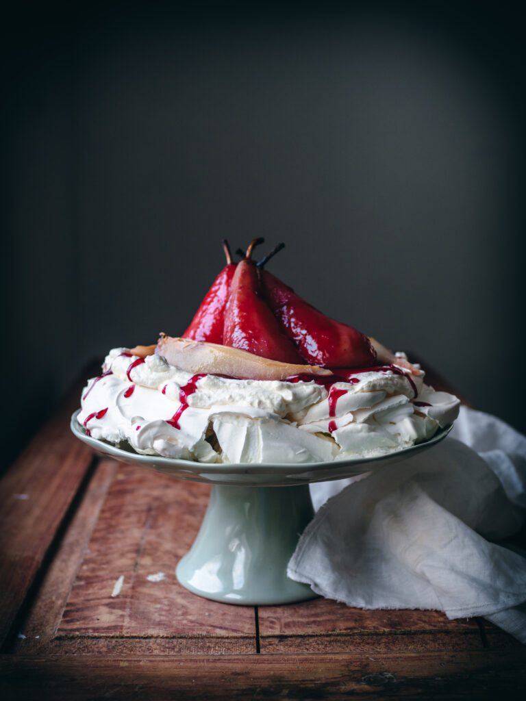 Lingonberry-Poached Pear Pavlova 