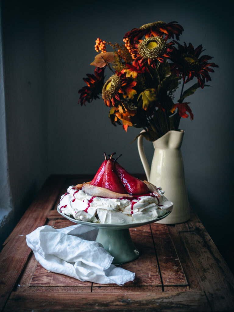 Lingonberry-Poached Pear Pavlova 